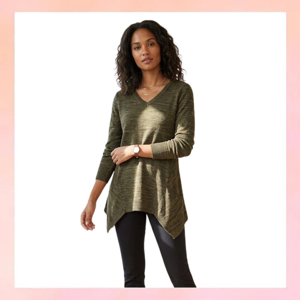 LOGO by Lori Goldstein Olive Green V-Neck Tunic Sweater Size L